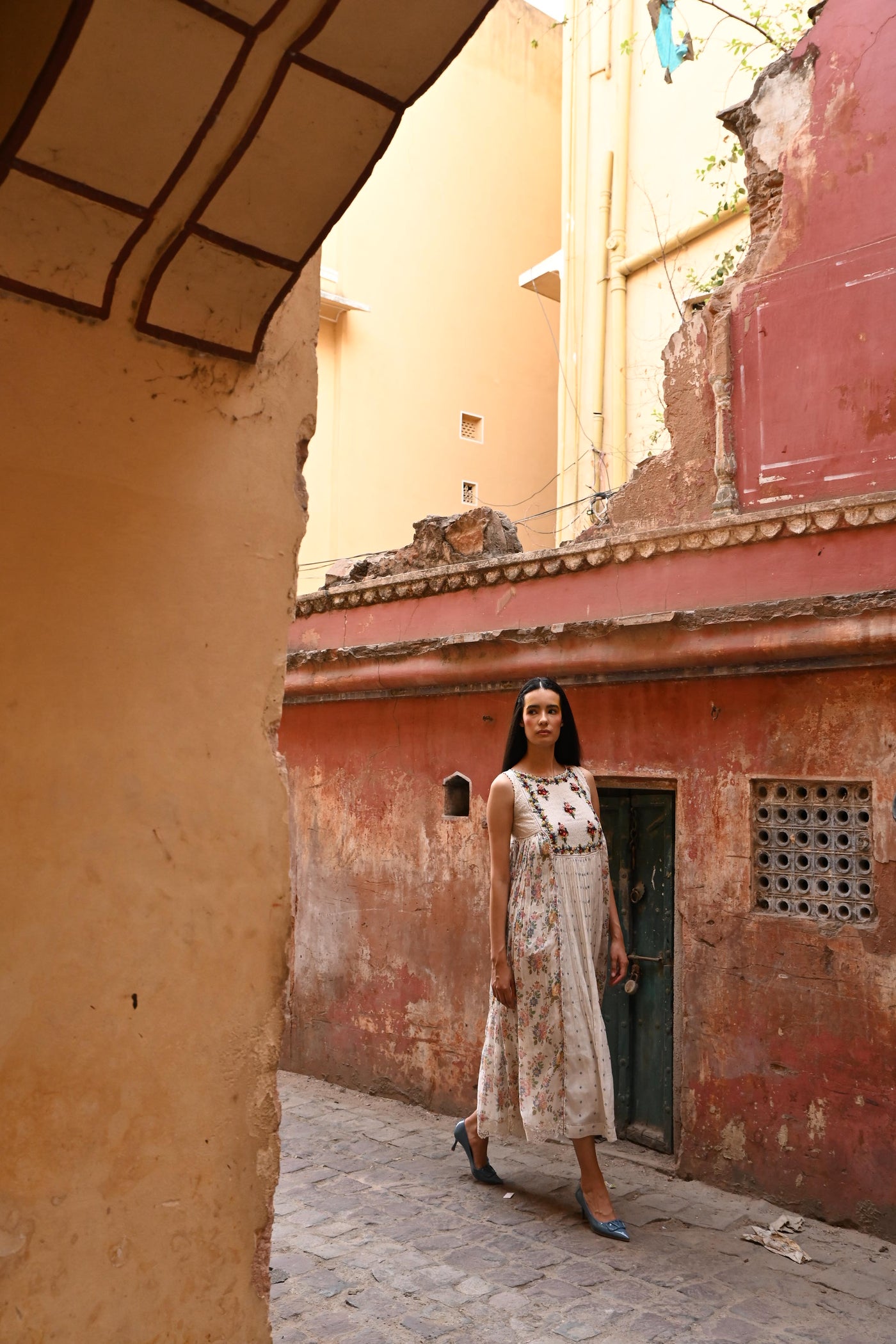 Embroidered Yoke Gathered Dress