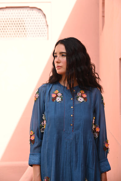 Blue Embroidered Shirt Dress