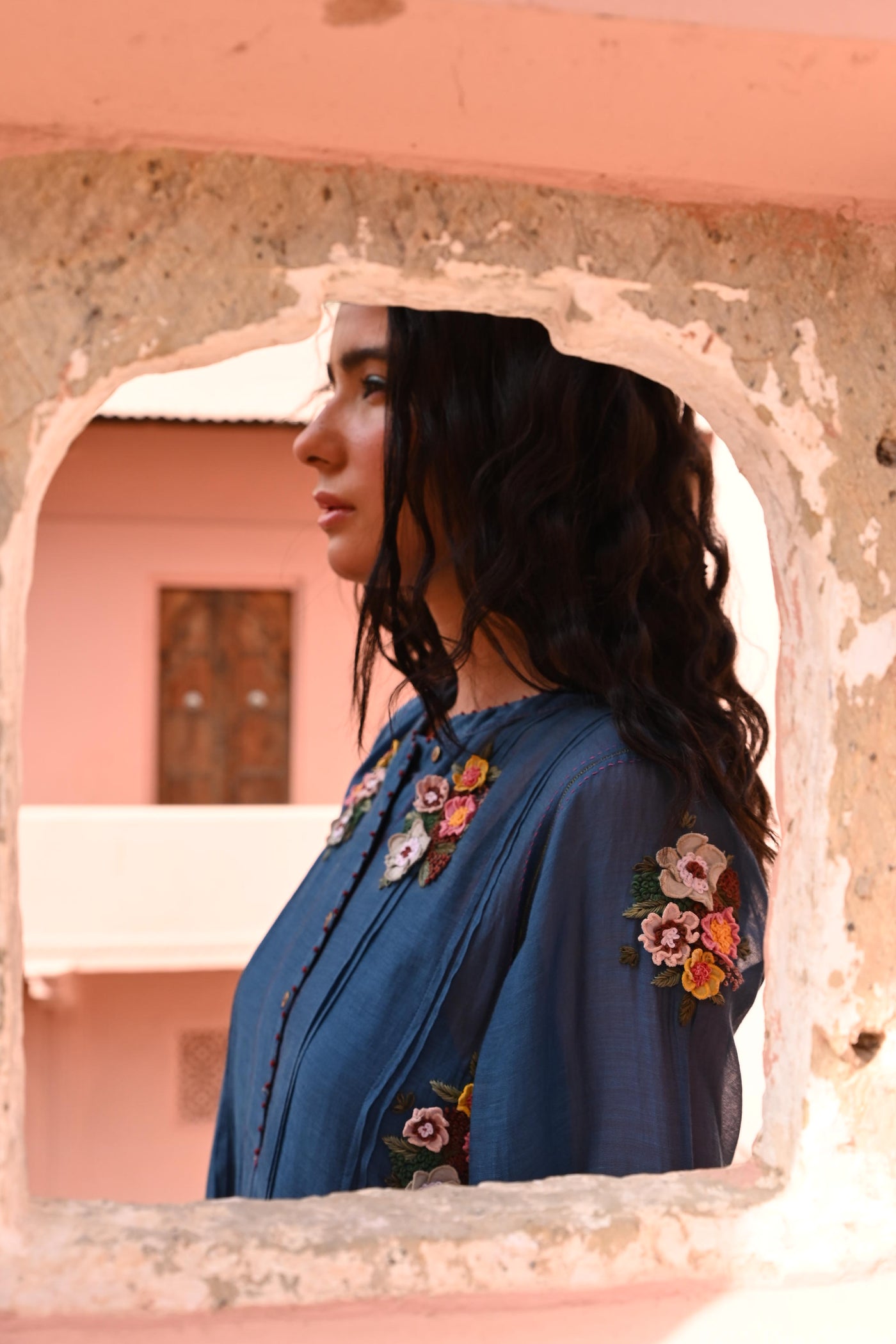 Blue Embroidered Shirt Dress