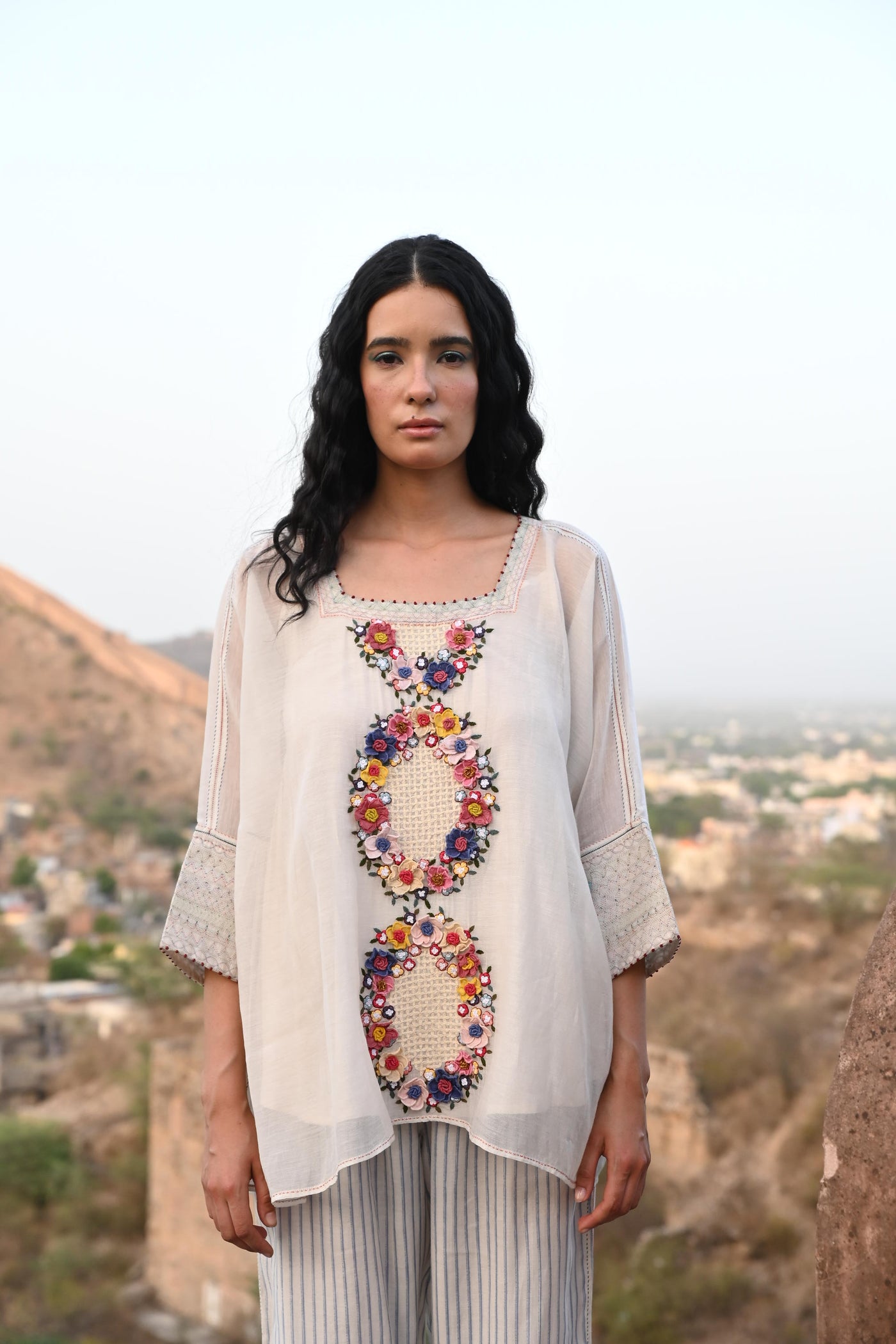 White Embroidered Kaftan Top