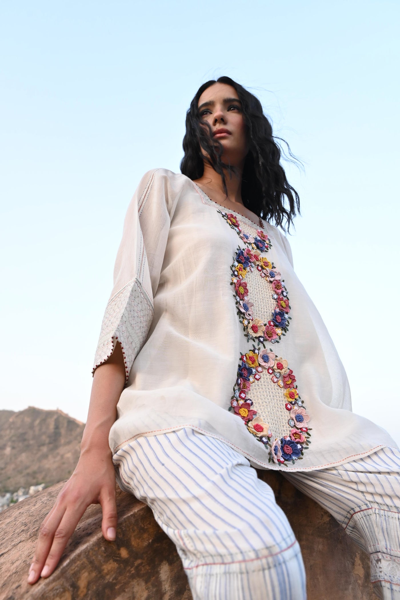 White Embroidered Kaftan Top