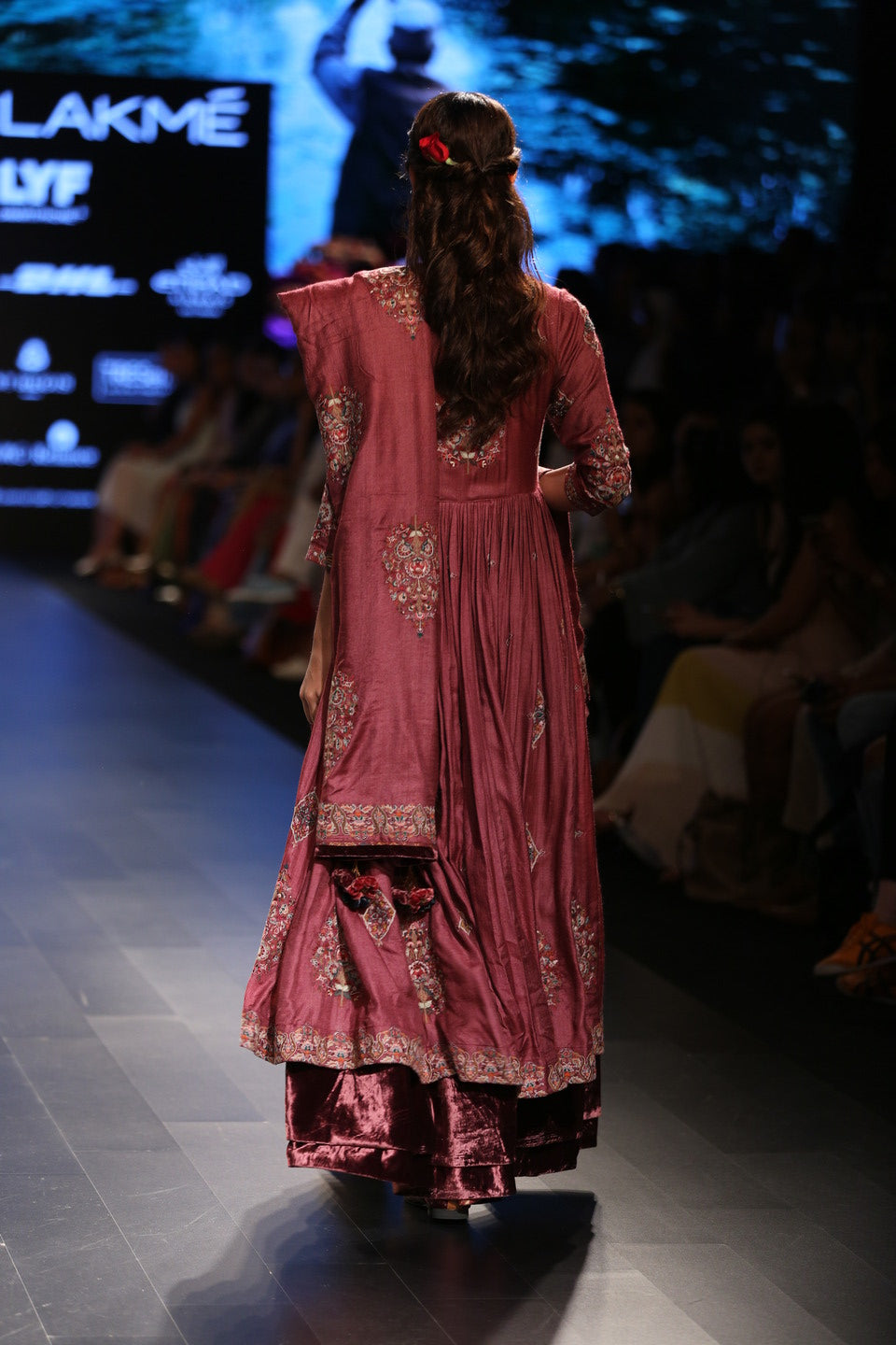 Embroidered Wine Dress With Printed Churidaar