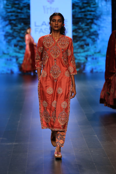 Rust Embroidered Straight Kurta With Printed Pant