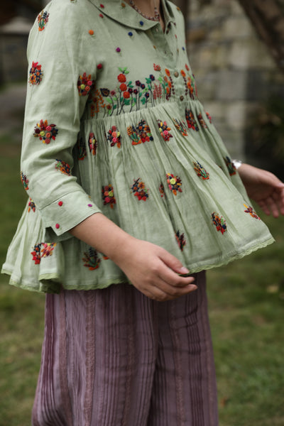 Lime Green Hand Embroidered Kedia Top
