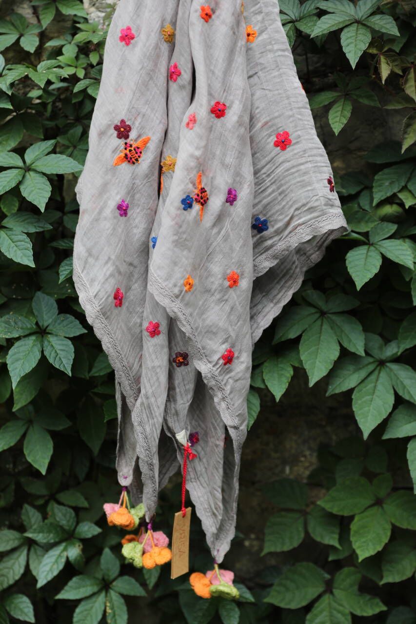 Grey Hand Embroidered Scarf
