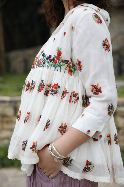 Ecru Hand Embroidered Kedia Top