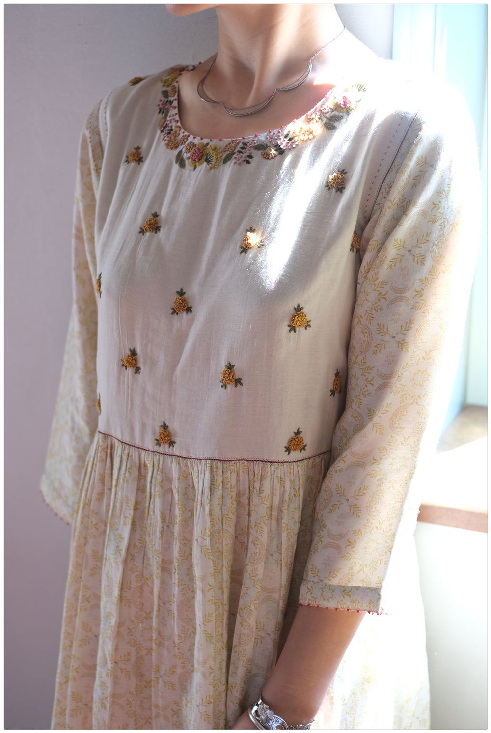 Mustard Printed Dress With Embroidered Yoke