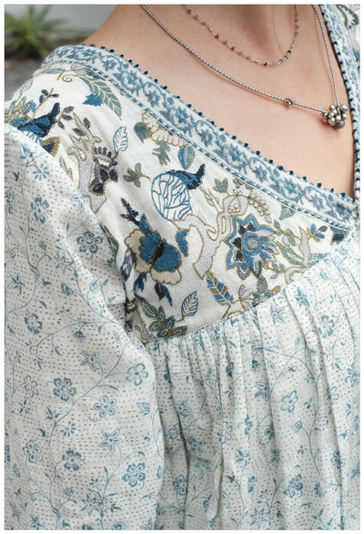 Embroidered V-neck White Floral Top