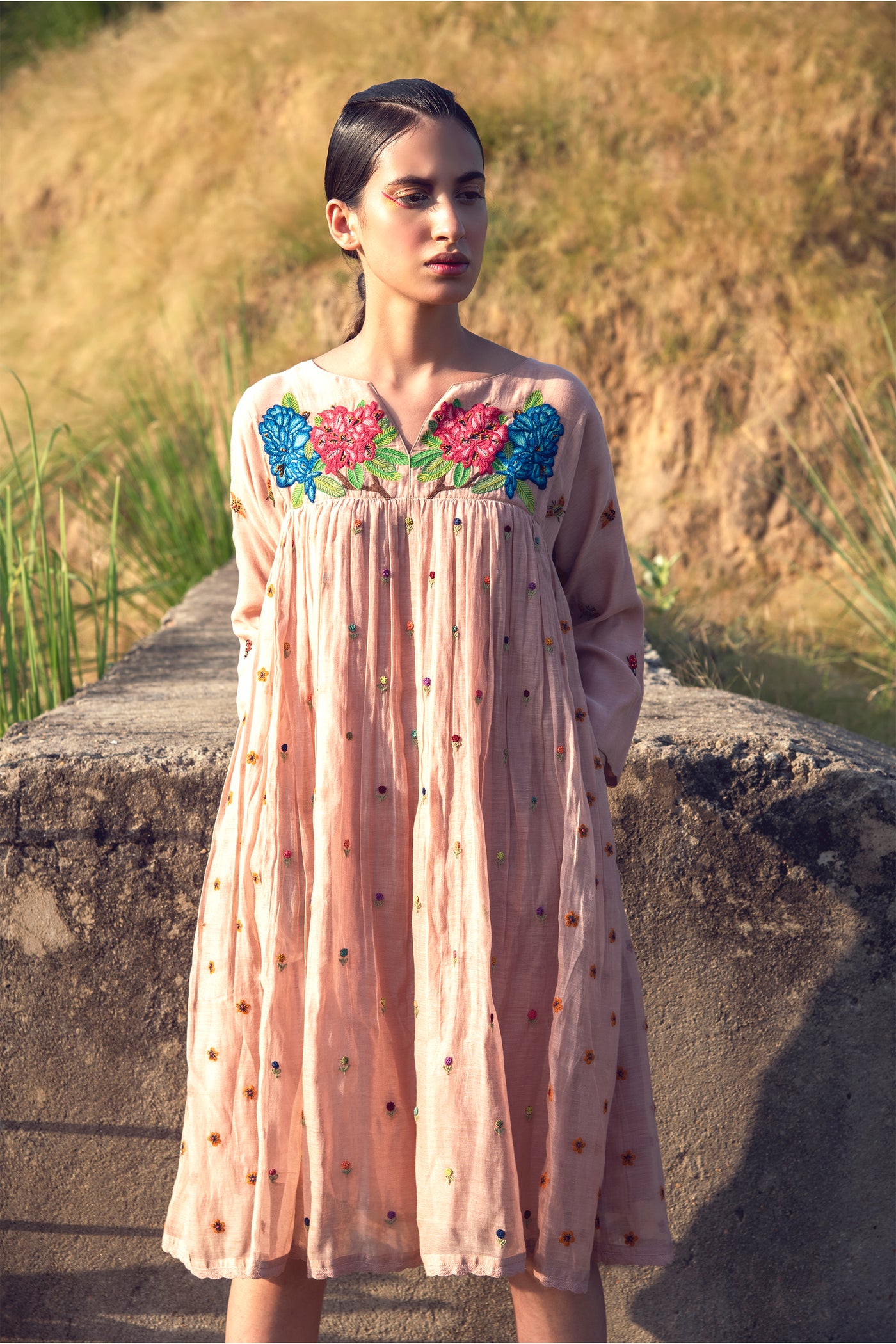 Pink Embroidered Yoke Dress VrisaIndia Pink Embroidered Yoke Dress VrisaIndia