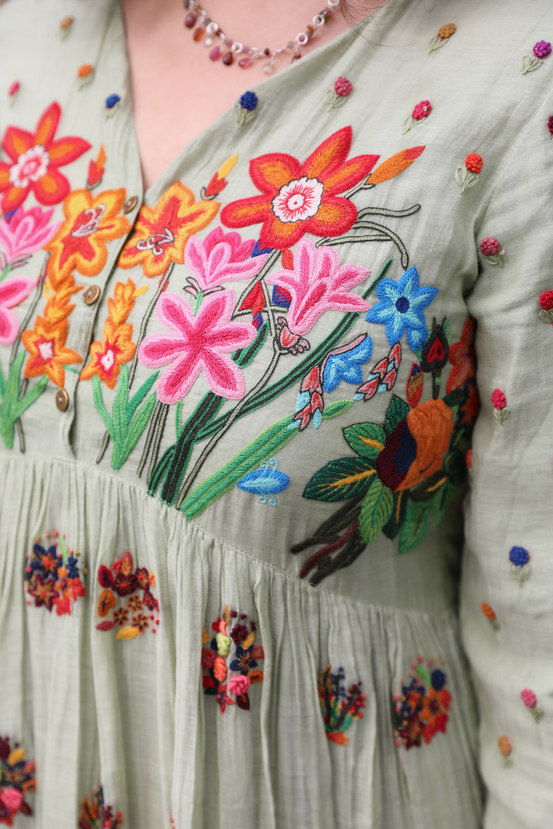 Lime Green Hand Embroidered Dress – VrisaIndia
